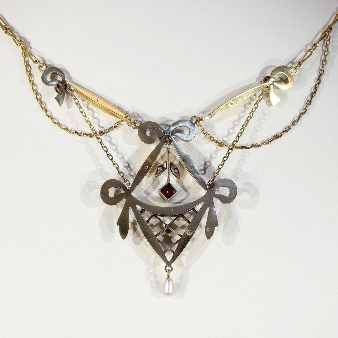 Victorian Gold Silver Ruby Diamond Pearl Necklace