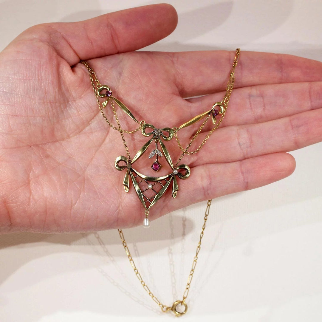Victorian Gold Silver Ruby Diamond Pearl Necklace