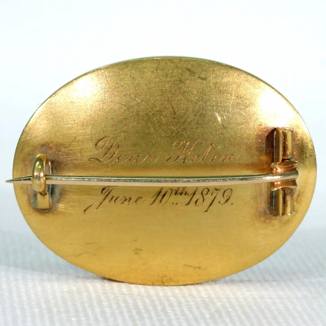 Victorian Memorial Enamel Gold Brooch Pin Inscribed 1879 'Dear Helen'