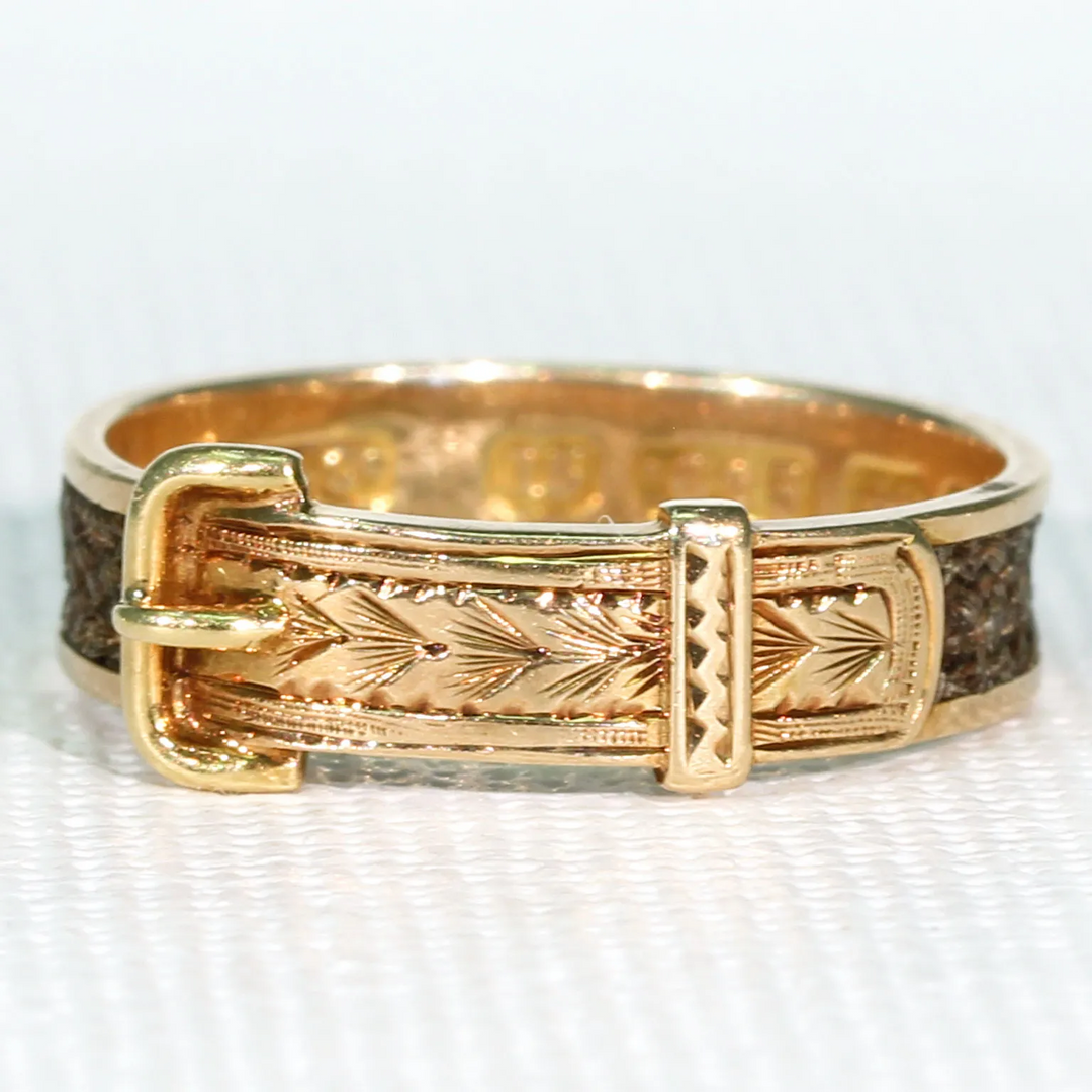 Victorian Memorial Hair Buckle Ring 15k Gold