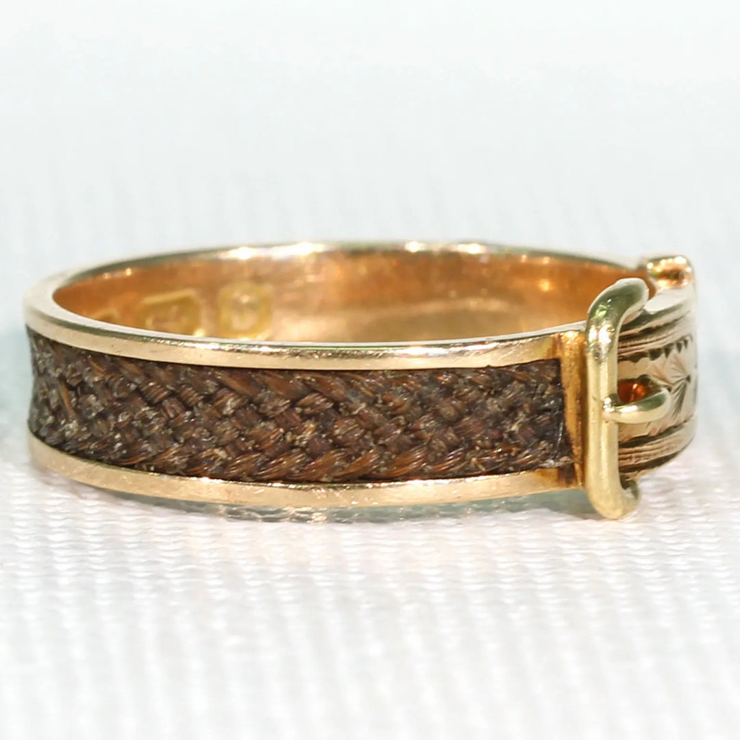 Victorian Memorial Hair Buckle Ring 15k Gold