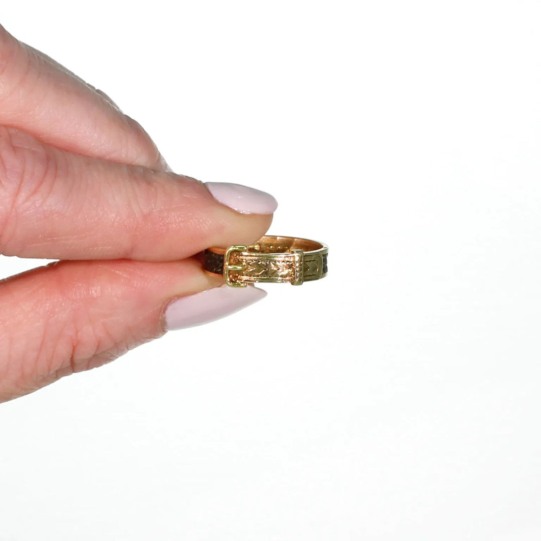 Victorian Memorial Hair Buckle Ring 15k Gold