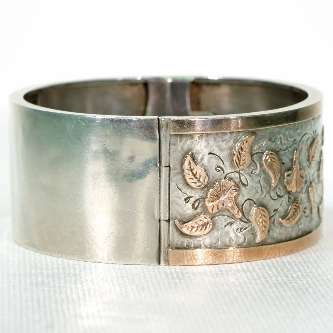 Victorian Morning Glory Silver Bangle Bracelet Gold Accents