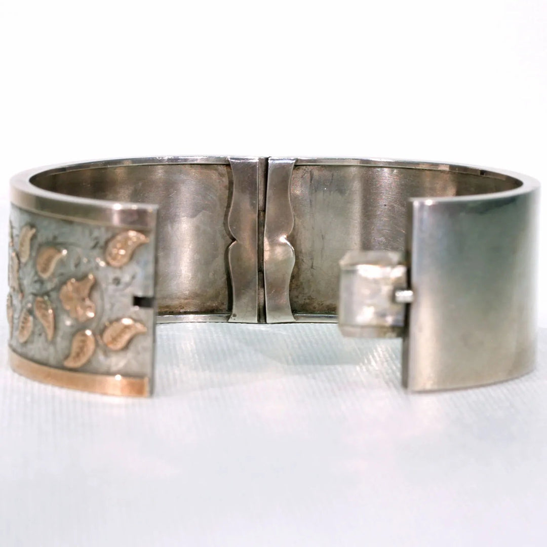 Victorian Morning Glory Silver Bangle Bracelet Gold Accents