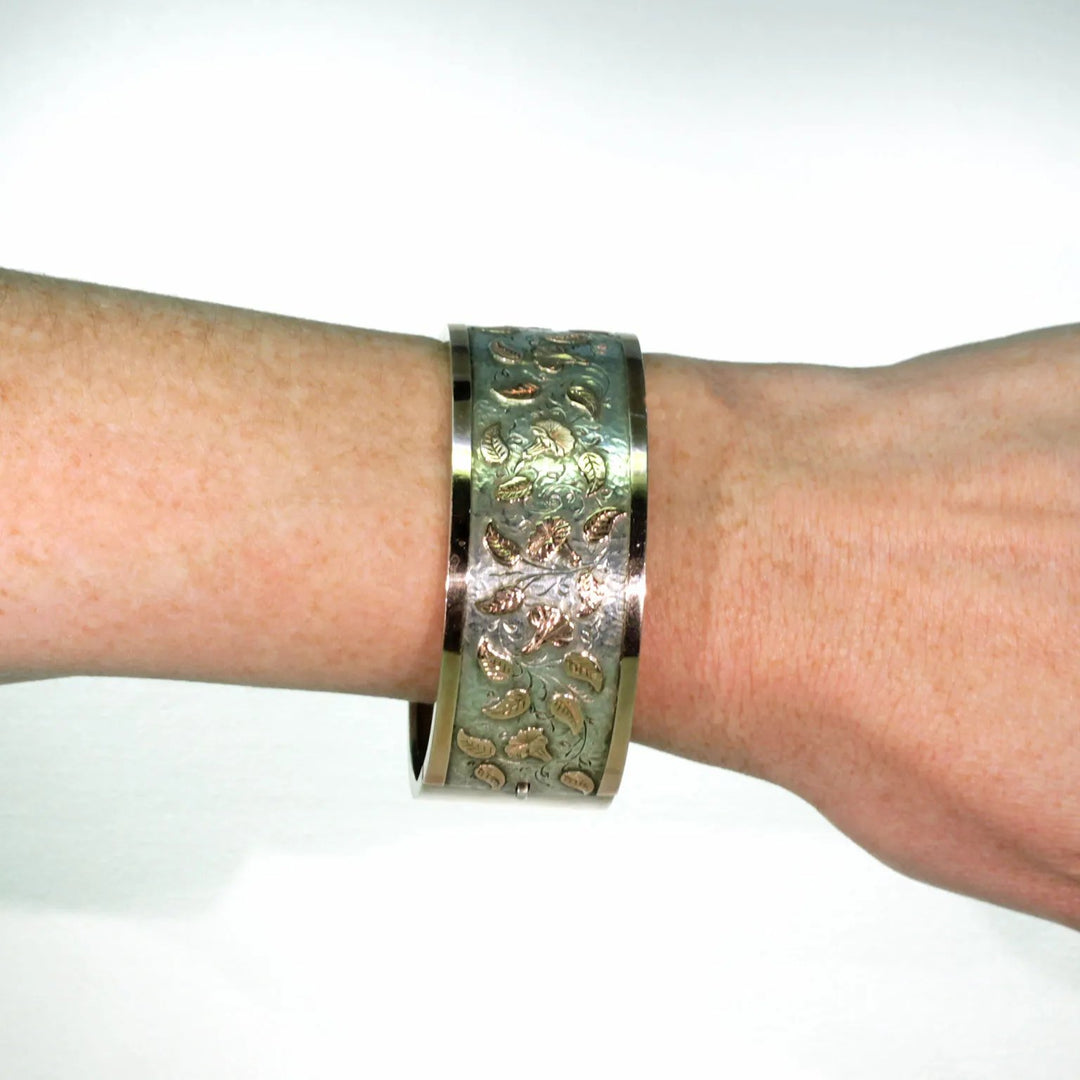 Victorian Morning Glory Silver Bangle Bracelet Gold Accents
