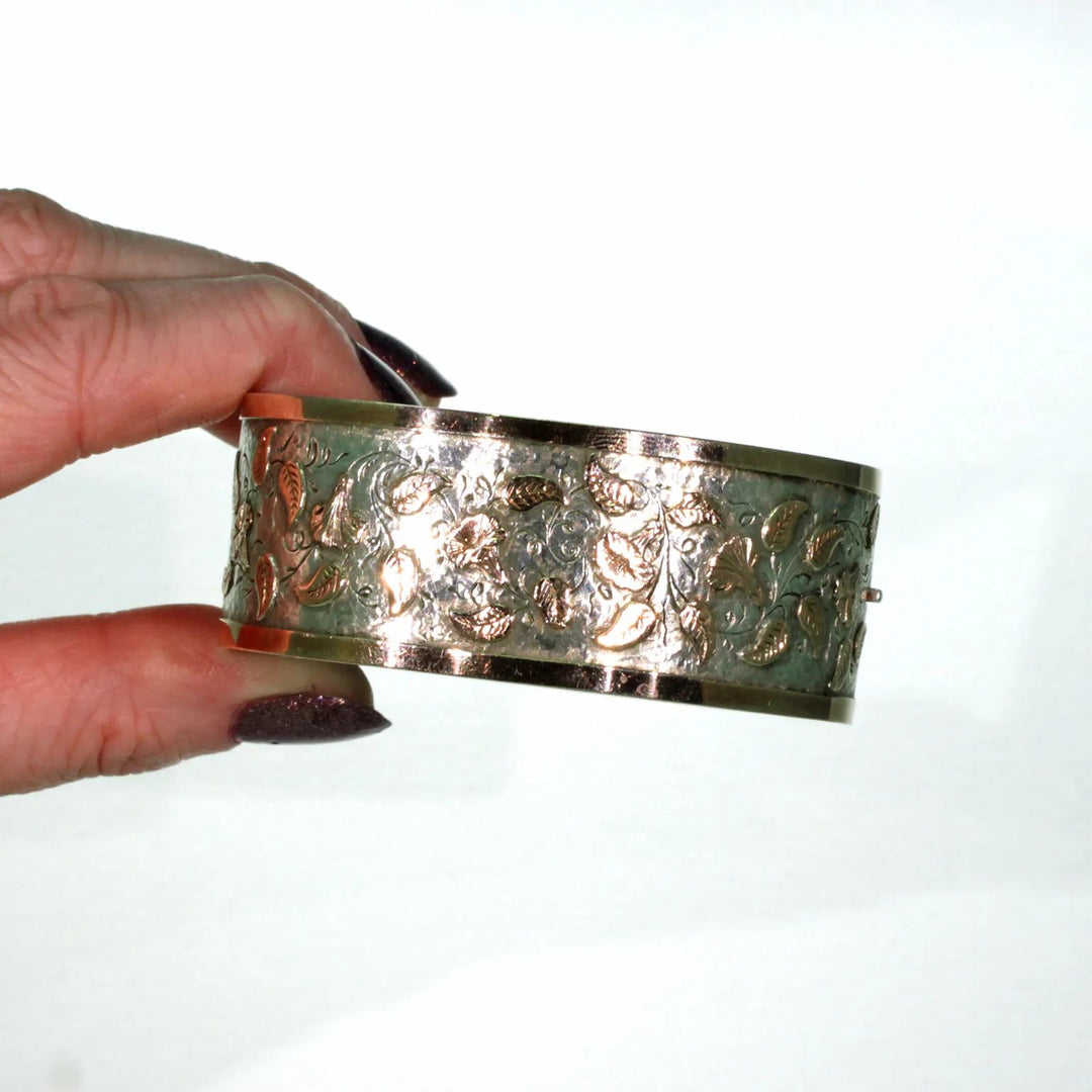 Victorian Morning Glory Silver Bangle Bracelet Gold Accents