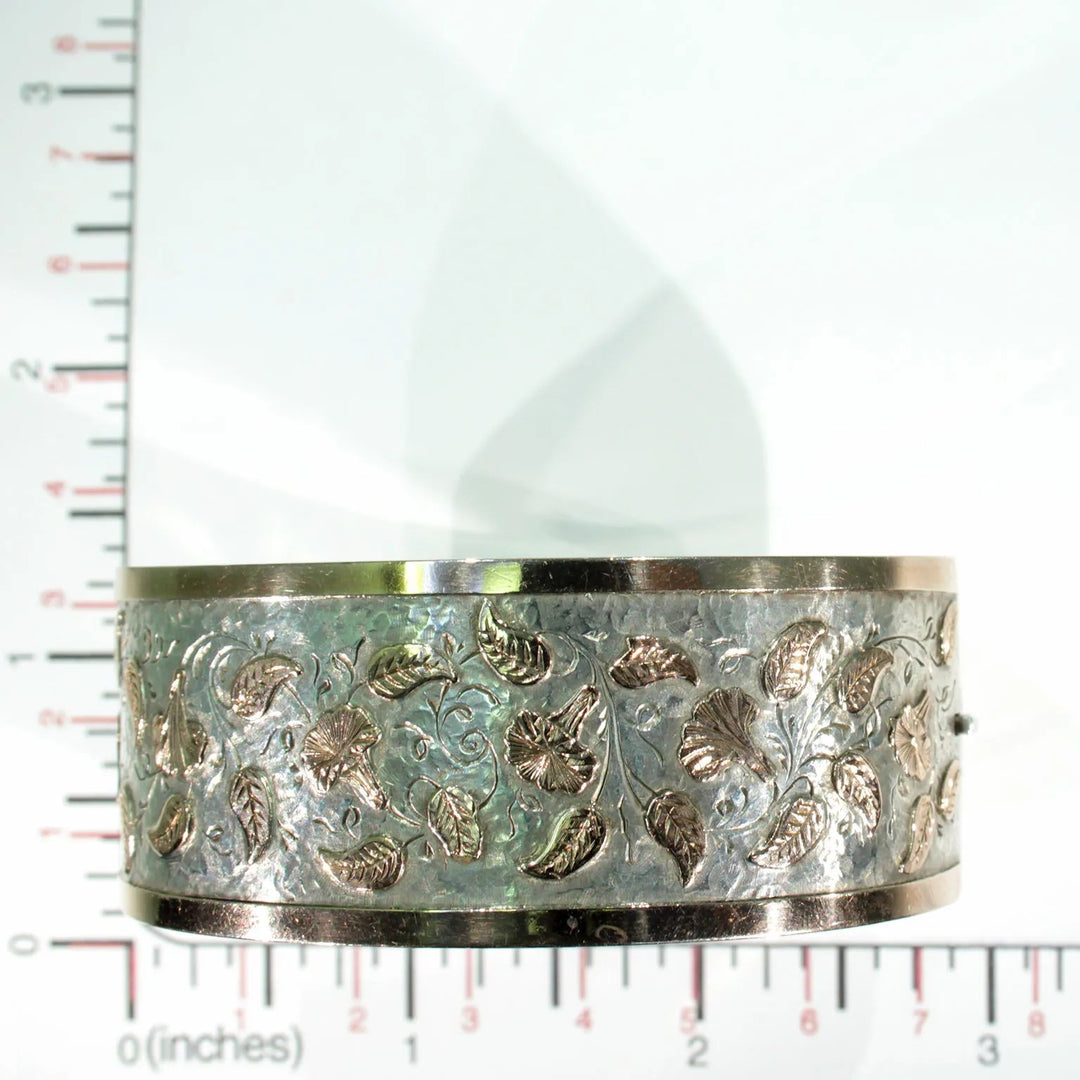 Victorian Morning Glory Silver Bangle Bracelet Gold Accents