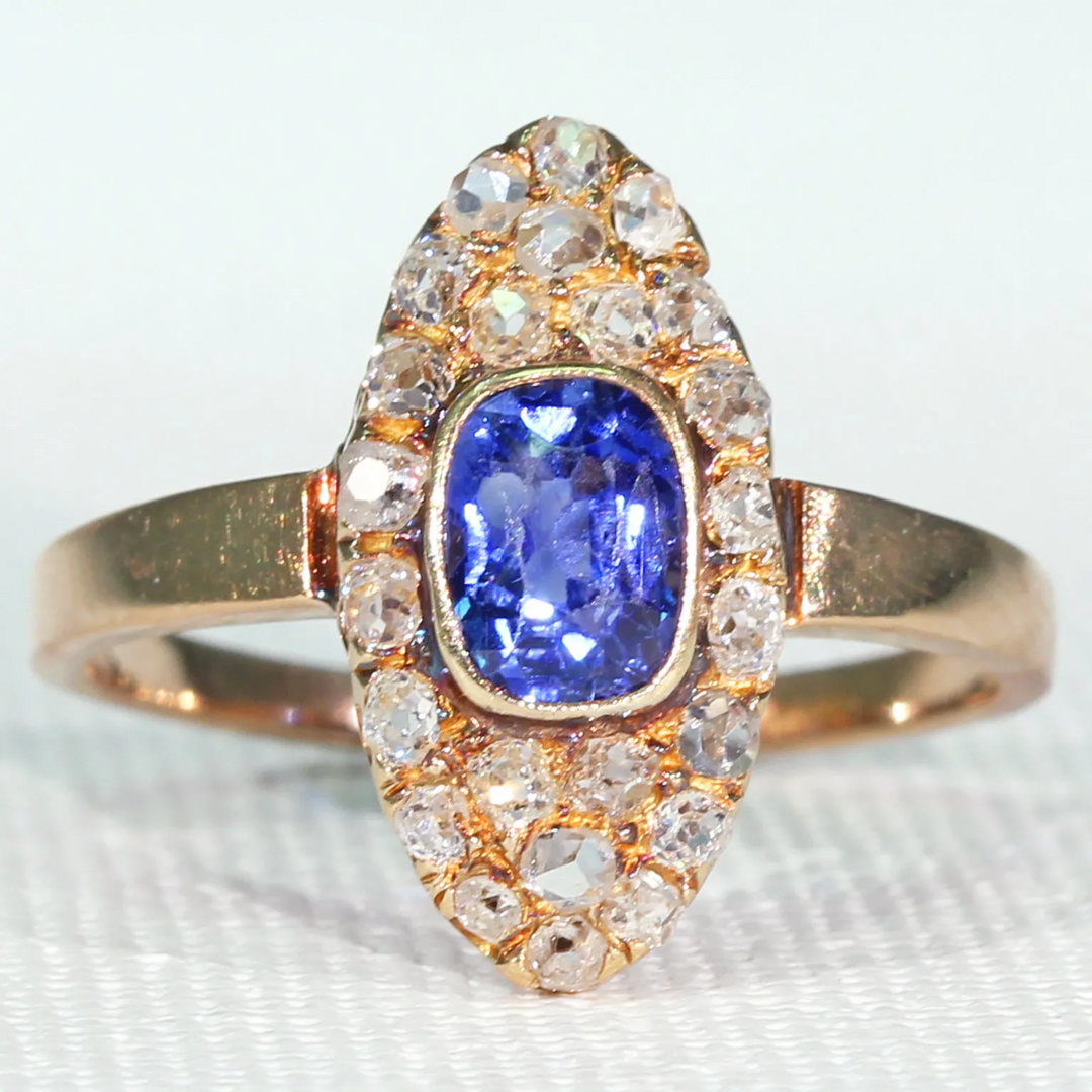 Victorian Navette Sapphire Diamond Cluster Ring
