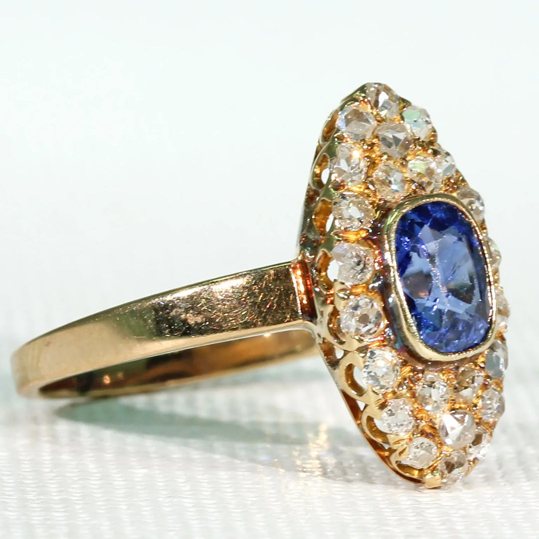 Victorian Navette Sapphire Diamond Cluster Ring