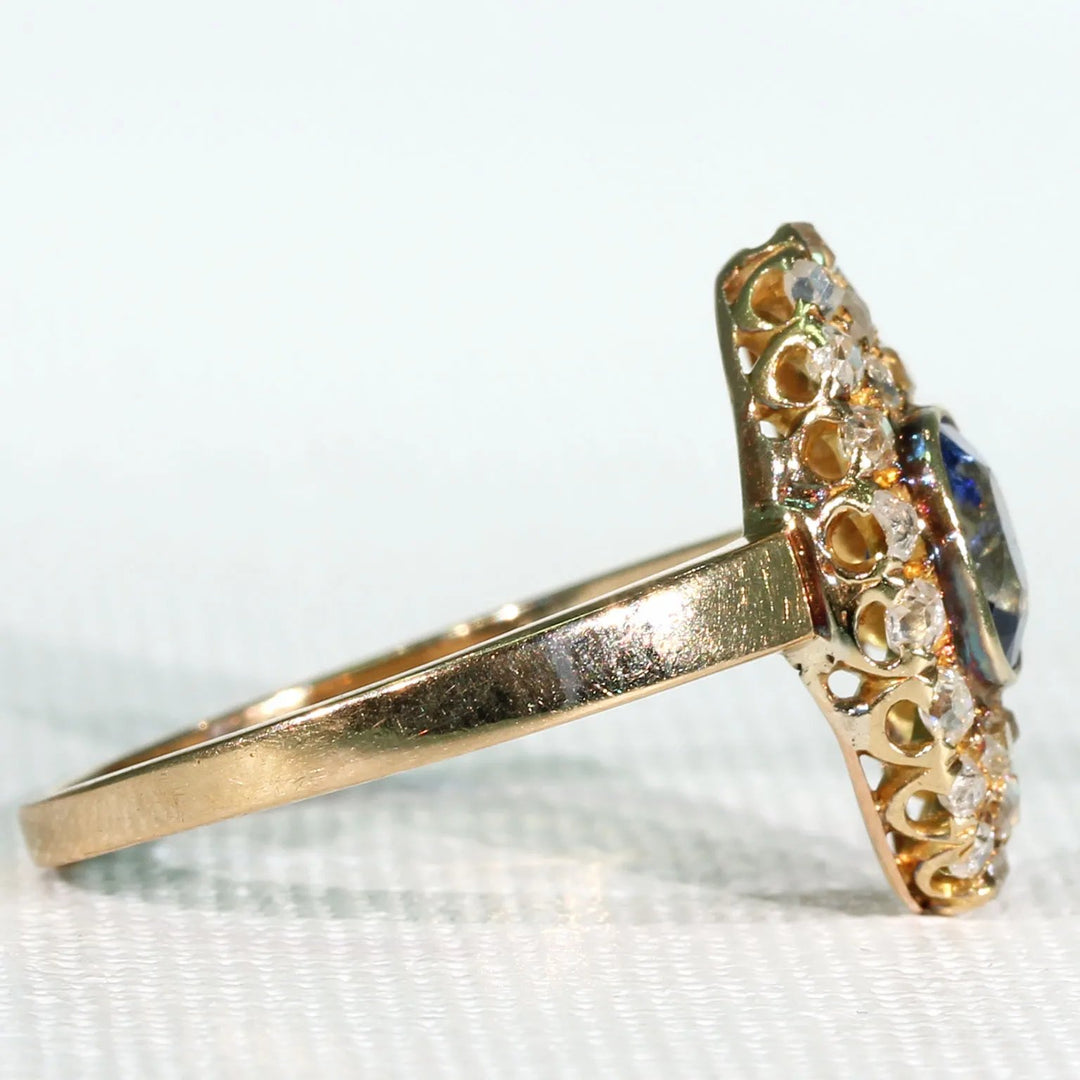 Victorian Navette Sapphire Diamond Cluster Ring