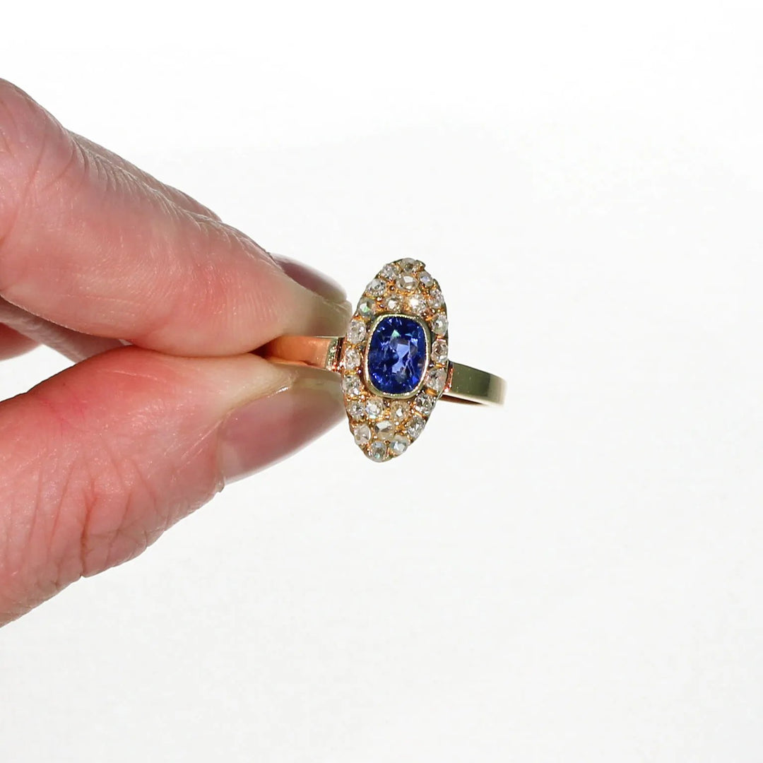 Victorian Navette Sapphire Diamond Cluster Ring