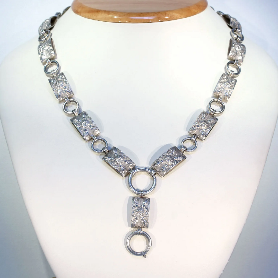 Victorian Repousséd Floral Collar Necklace in Sterling Silver