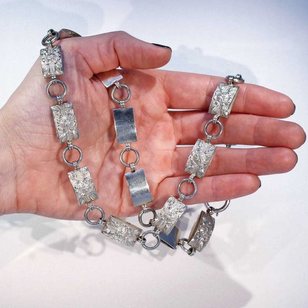 Victorian Repousséd Floral Collar Necklace in Sterling Silver