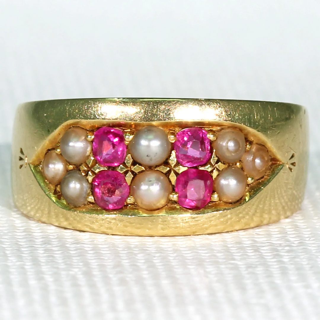 Victorian Ruby & Pearl Band 18K, Inscribed "A to B"