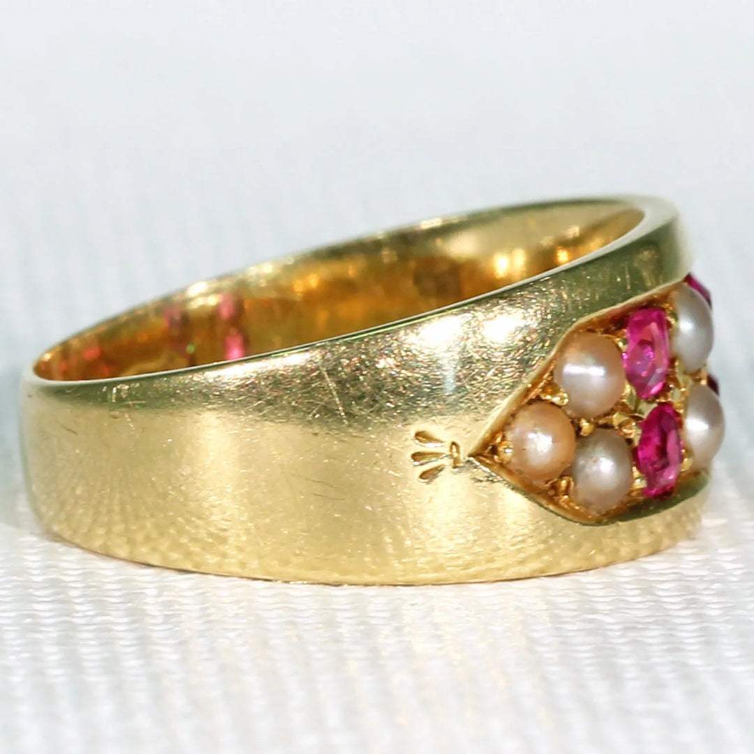 Victorian Ruby & Pearl Band 18K, Inscribed "A to B"