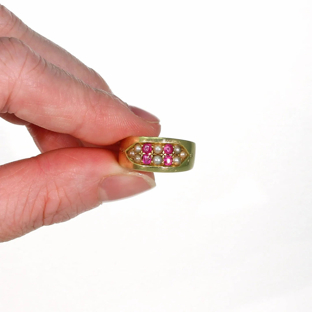 Victorian Ruby & Pearl Band 18K, Inscribed "A to B"