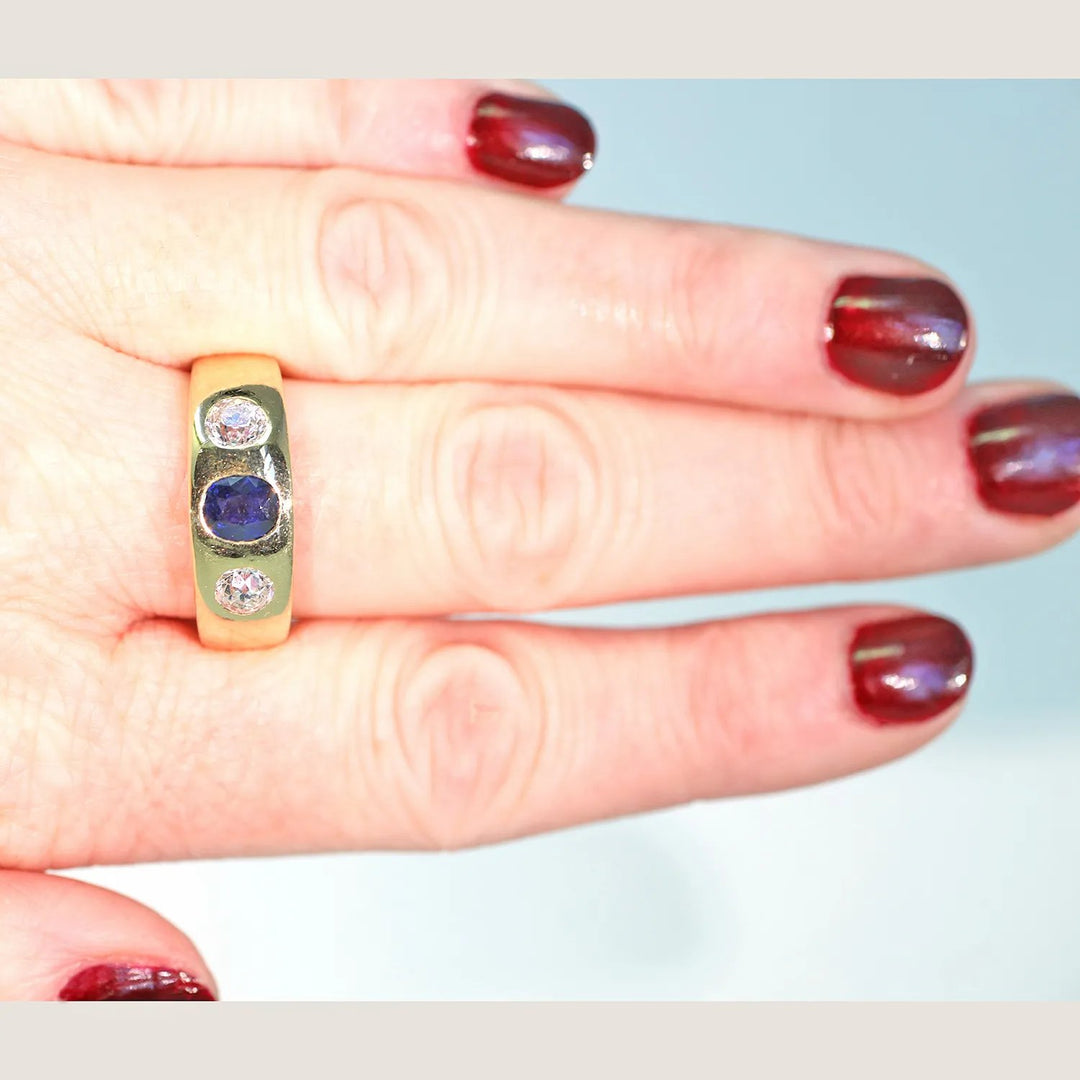 Victorian Sapphire Diamond Gentlemans Gypsy Ring 18k Gold