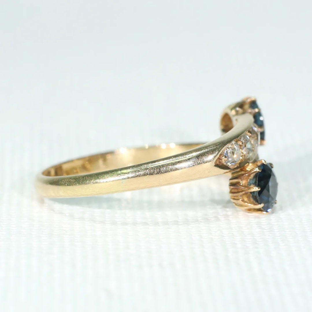 Victorian Sapphire Diamond By-Pass Ring 18k Gold