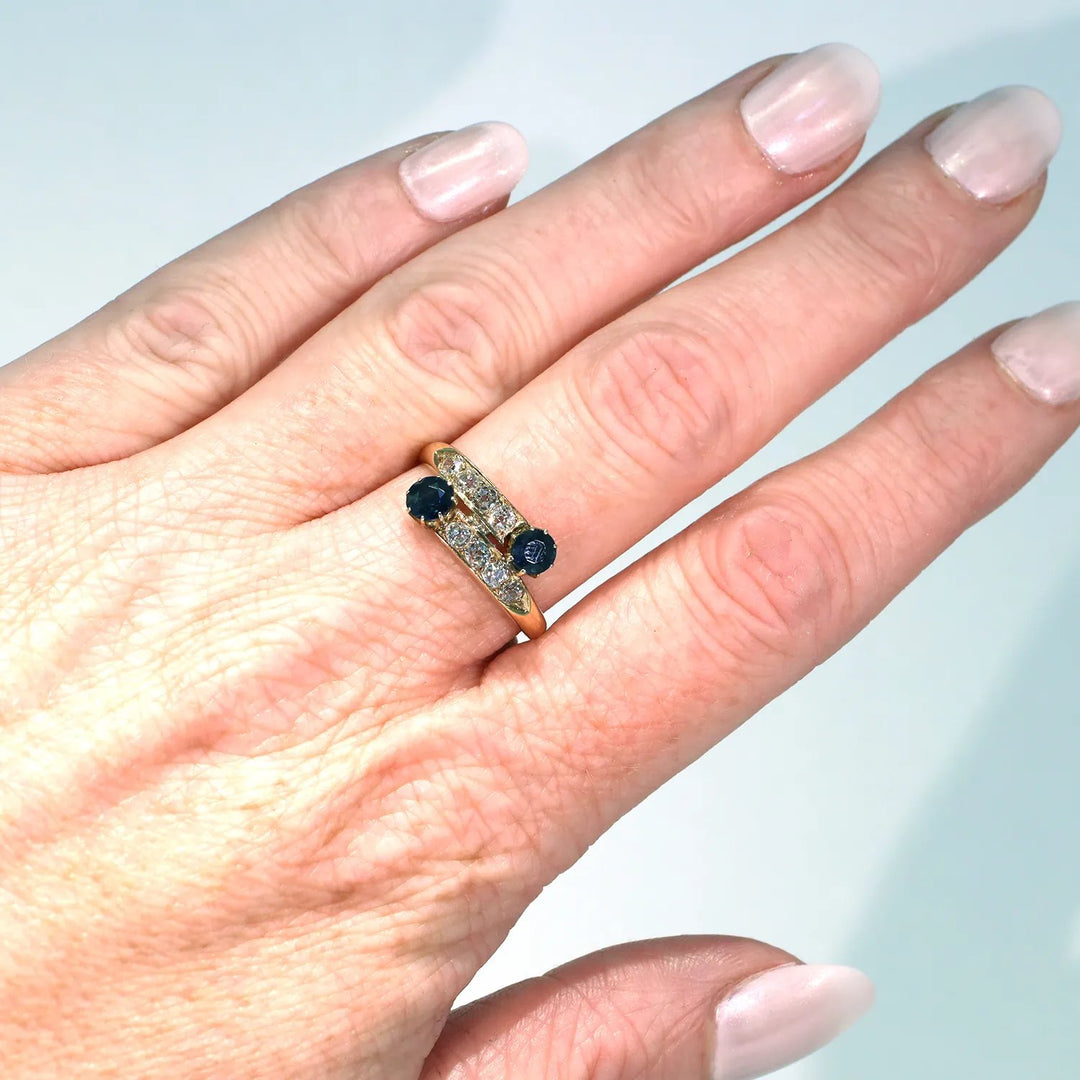Victorian Sapphire Diamond By-Pass Ring 18k Gold