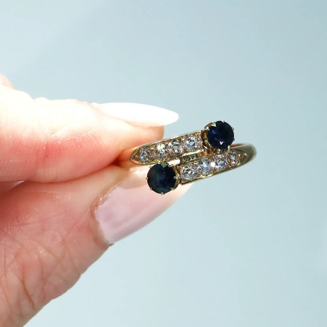 Victorian Sapphire Diamond By-Pass Ring 18k Gold
