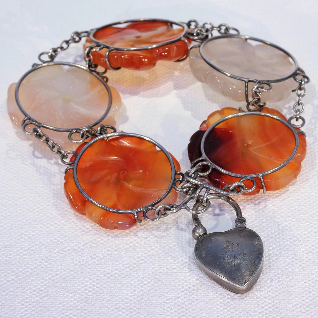 Victorian Scottish Agate Silver Bracelet Heart Lock Pebble Jewelry