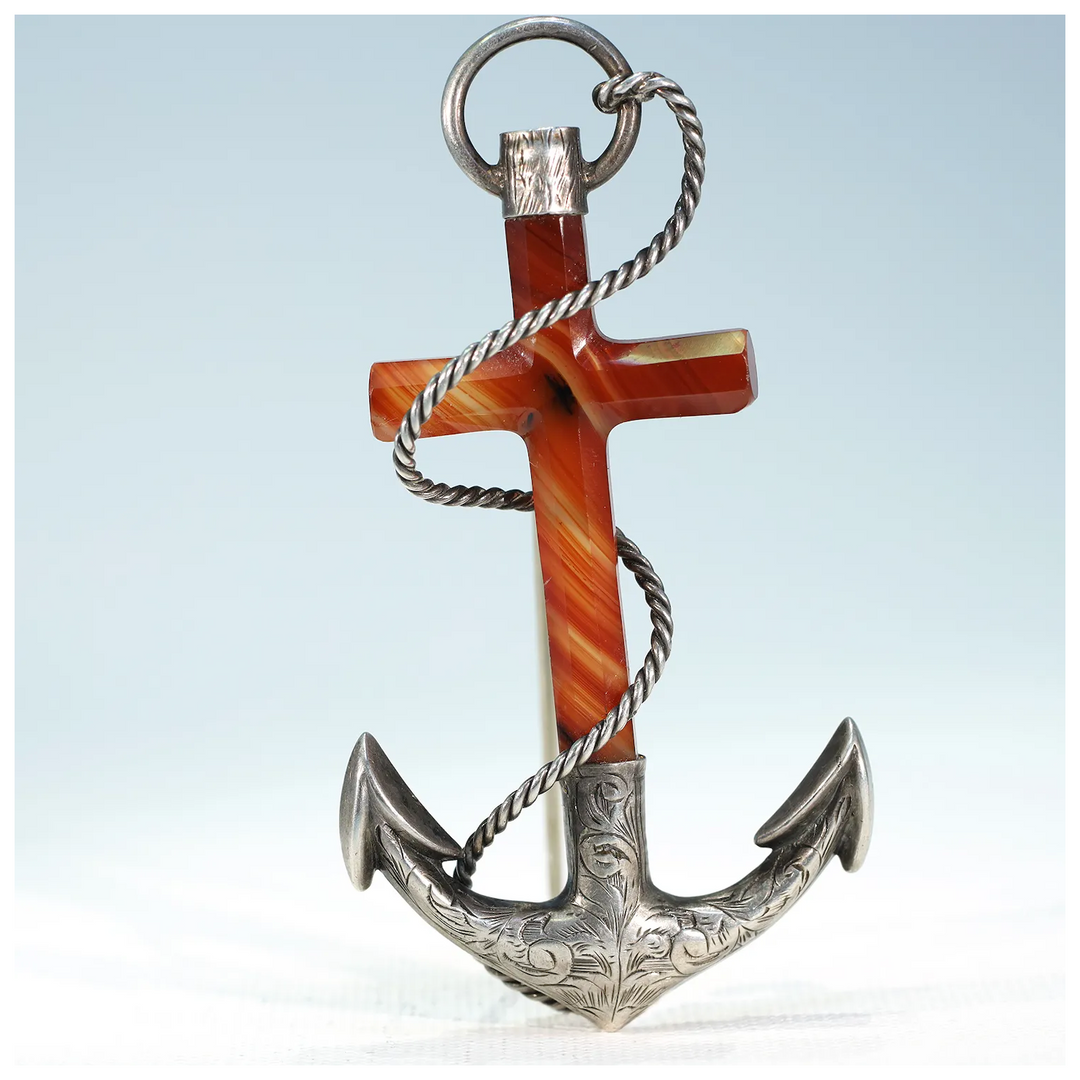Victorian Scottish Carnelian Silver Anchor Brooch Pin