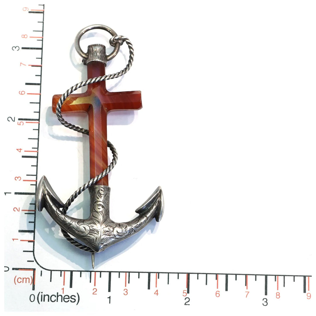 Victorian Scottish Carnelian Silver Anchor Brooch Pin