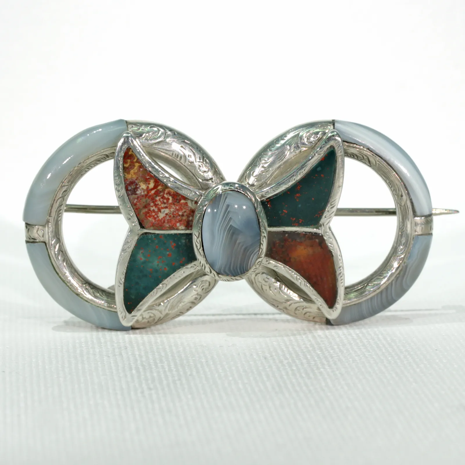 Victorian Scottish Pebble Brooch Pin Silver Bow Agate