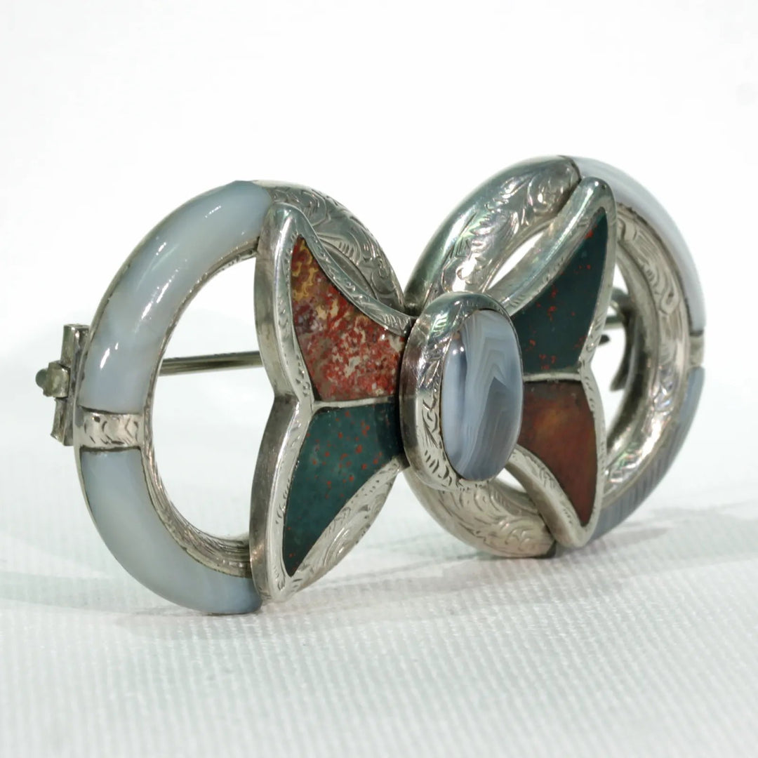 Victorian Scottish Pebble Brooch Pin Silver Bow Agate