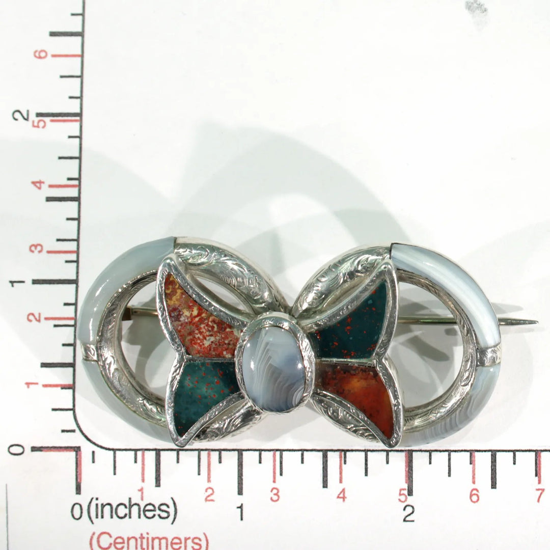 Victorian Scottish Pebble Brooch Pin Silver Bow Agate