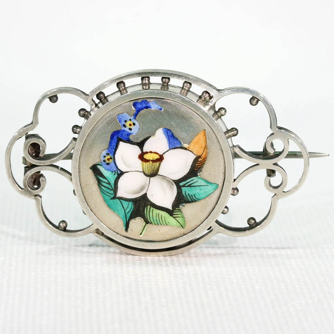 Victorian Silver Enamel Flowers Brooch Pin Daffodil