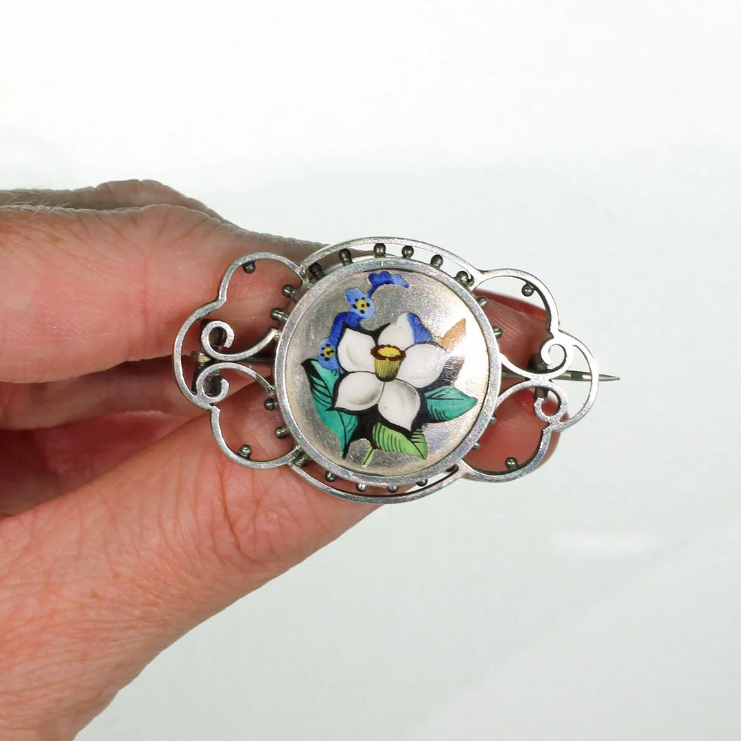 Victorian Silver Enamel Flowers Brooch Pin Daffodil
