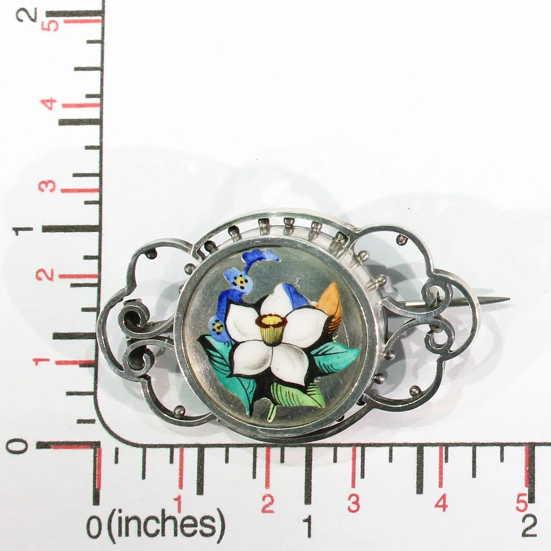 Victorian Silver Enamel Flowers Brooch Pin Daffodil