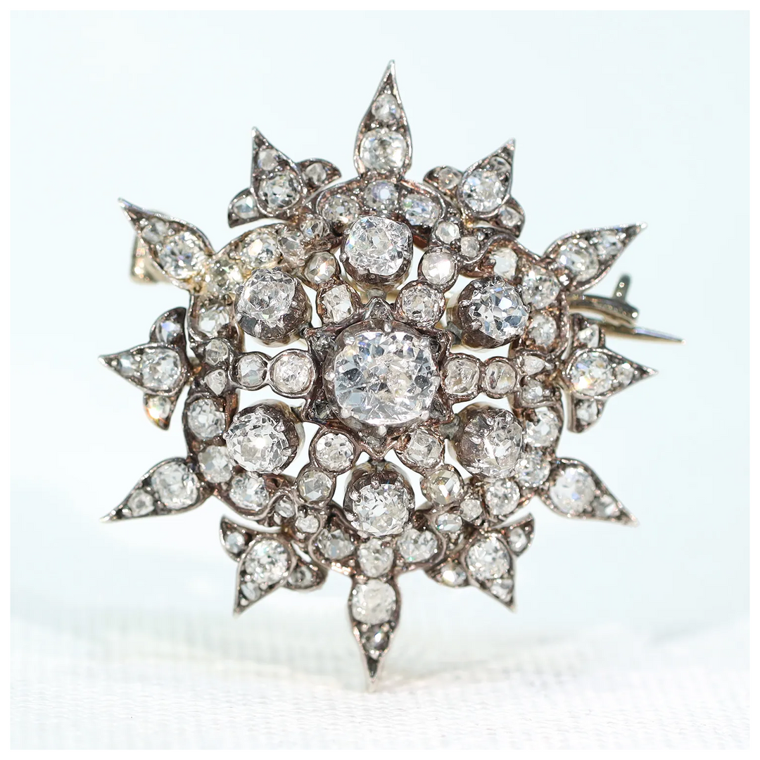 Victorian Starburst Diamond Pendant Brooch 3cttw 15k Gold Silver Set