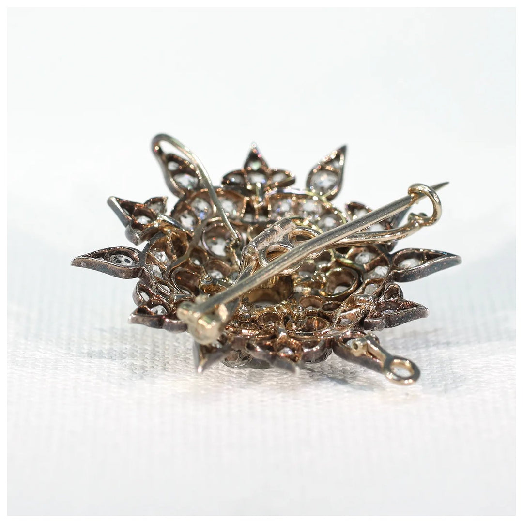 Victorian Starburst Diamond Pendant Brooch 3cttw 15k Gold Silver Set