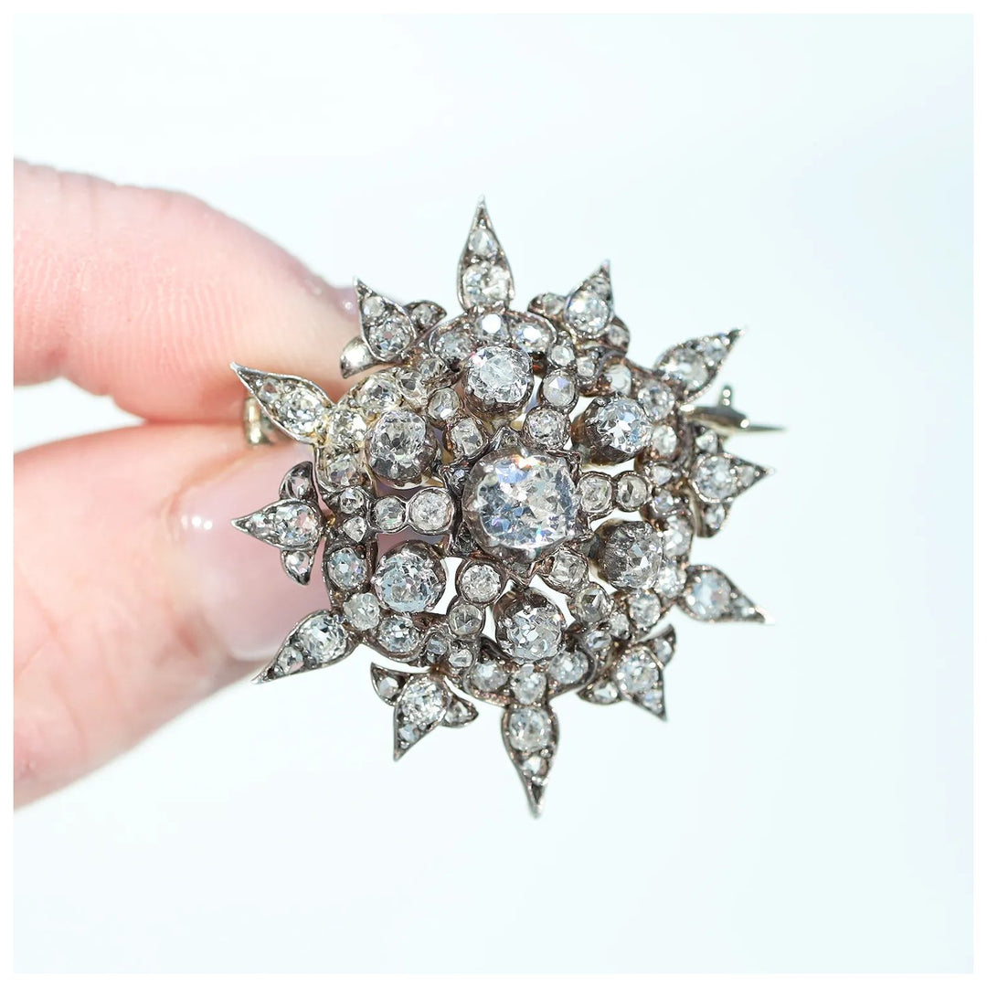 Victorian Starburst Diamond Pendant Brooch 3cttw 15k Gold Silver Set