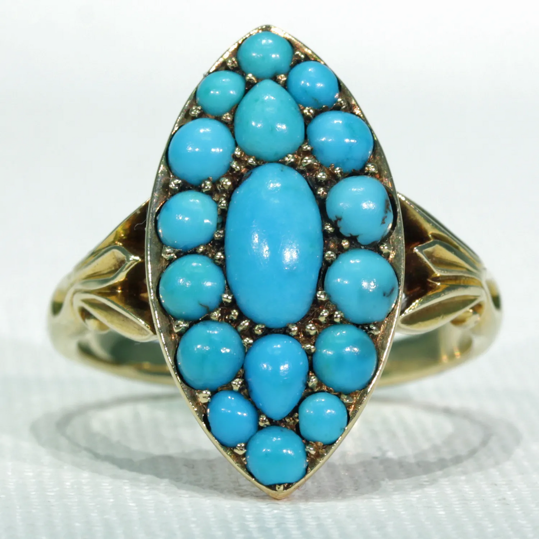 Victorian Turquoise Ring Navette Large 18k Gold