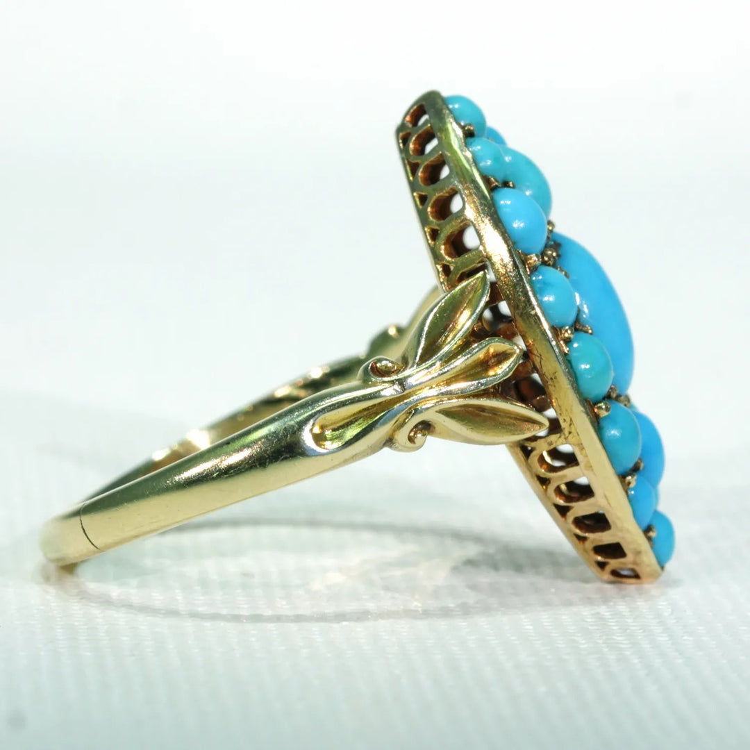 Victorian Turquoise Ring Navette Large 18k Gold