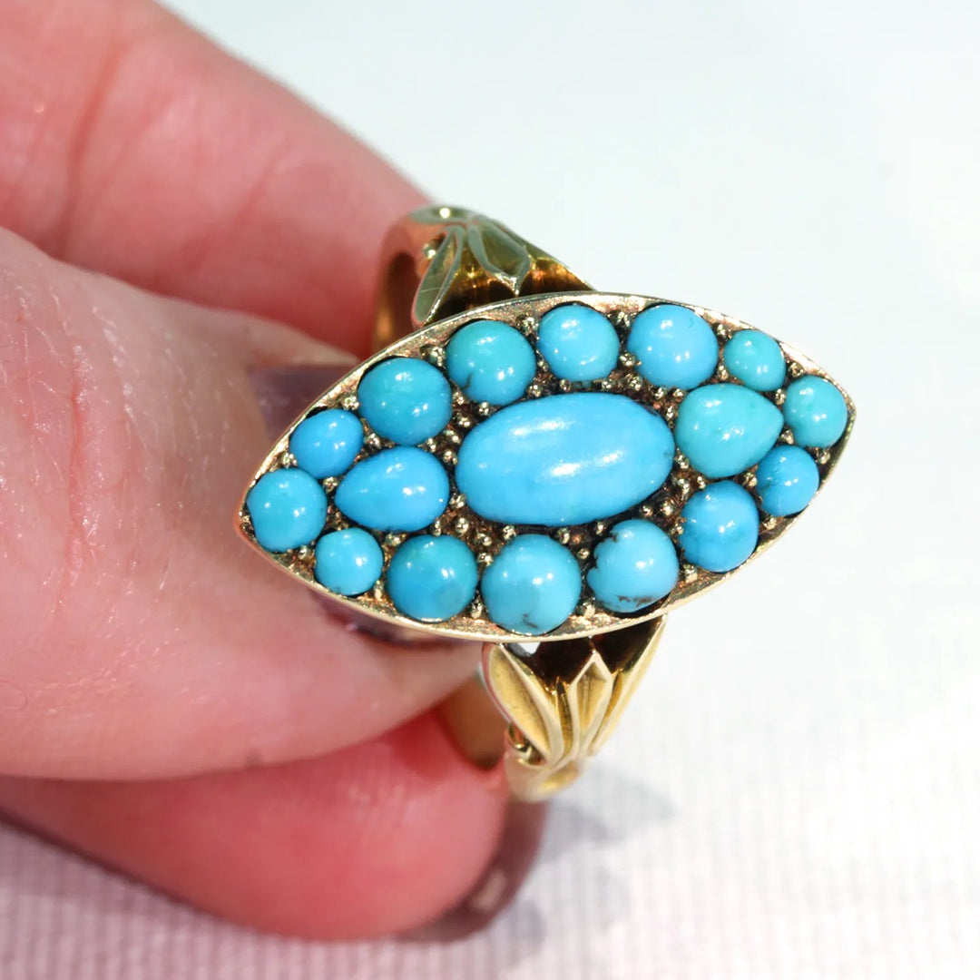 Victorian Turquoise Ring Navette Large 18k Gold