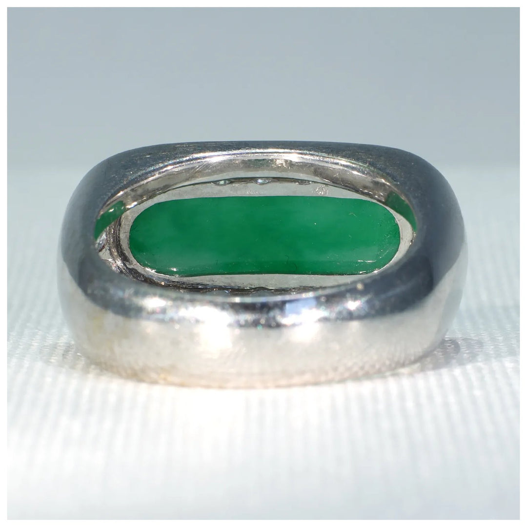 Vintage 1970s Jade Diamond Men's Ring 18k White Gold