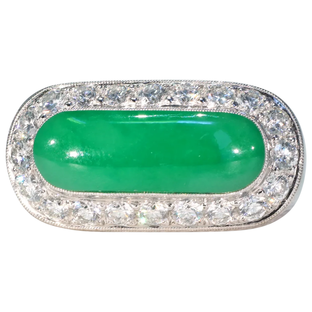 Vintage 1970s Jade Diamond Men's Ring 18k White Gold