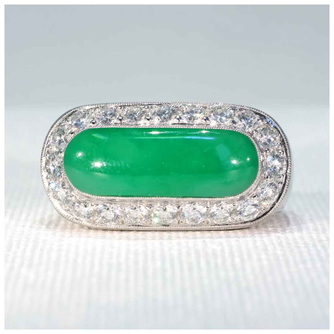Vintage 1970s Jade Diamond Men's Ring 18k White Gold