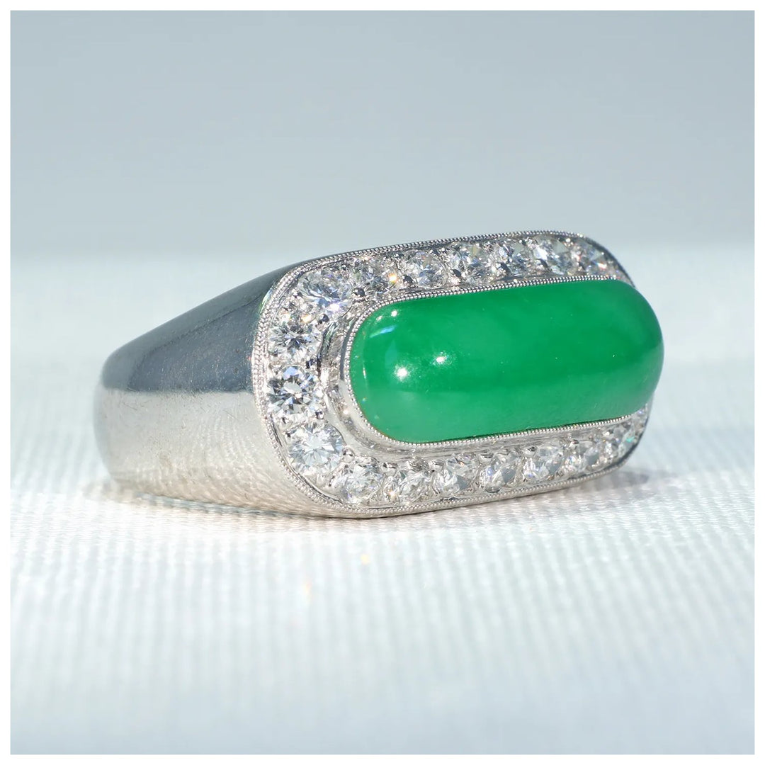 Vintage 1970s Jade Diamond Men's Ring 18k White Gold