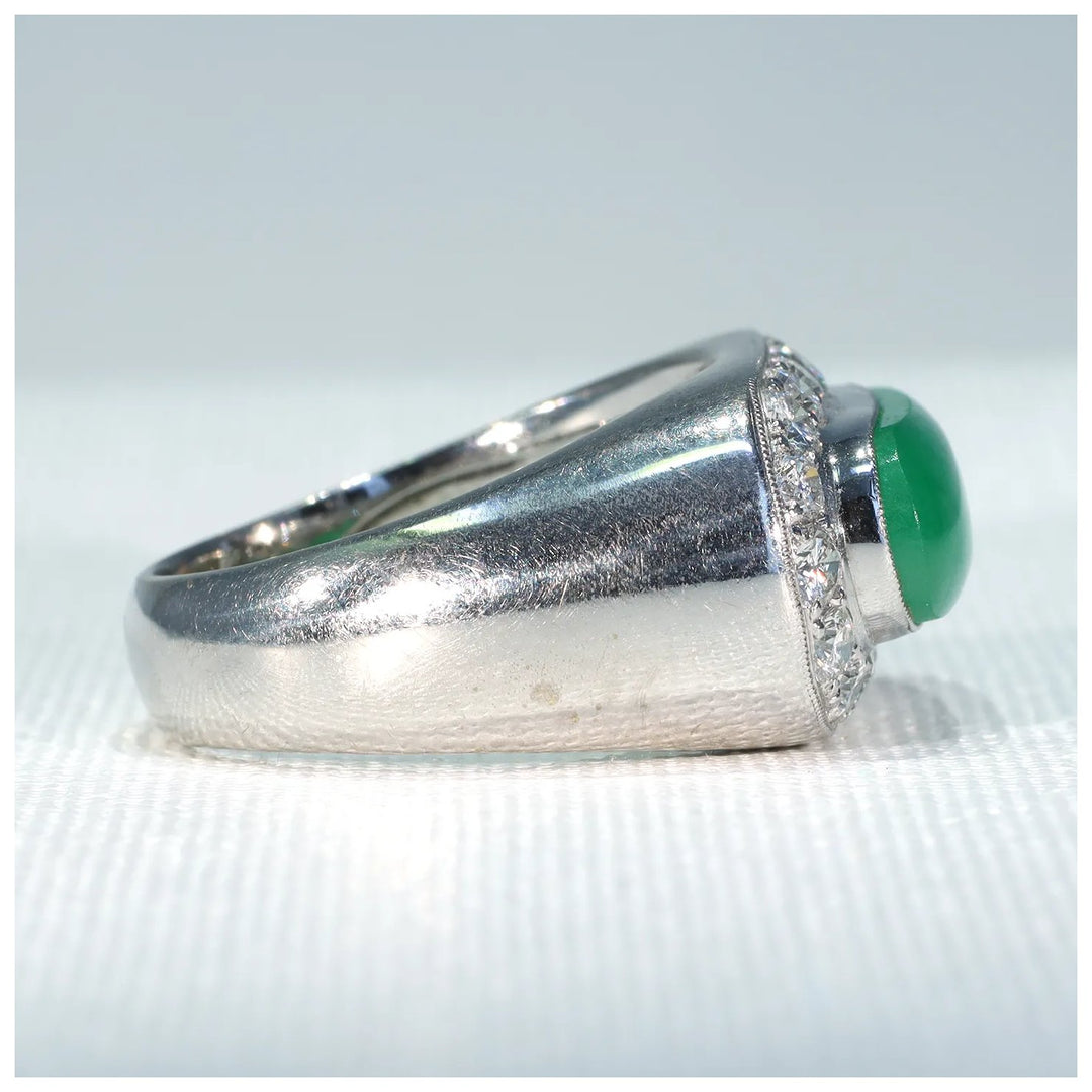 Vintage 1970s Jade Diamond Men's Ring 18k White Gold