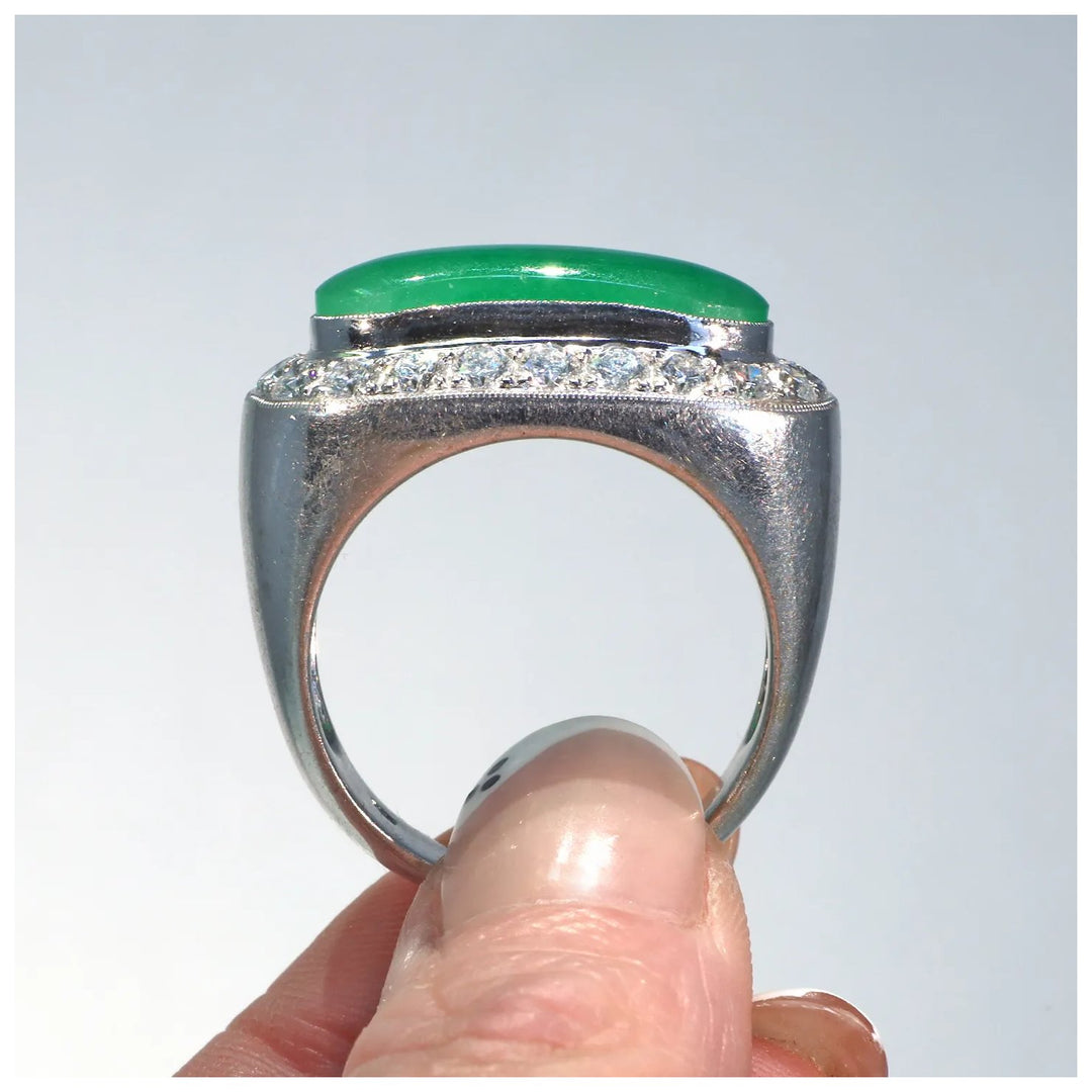 Vintage 1970s Jade Diamond Men's Ring 18k White Gold