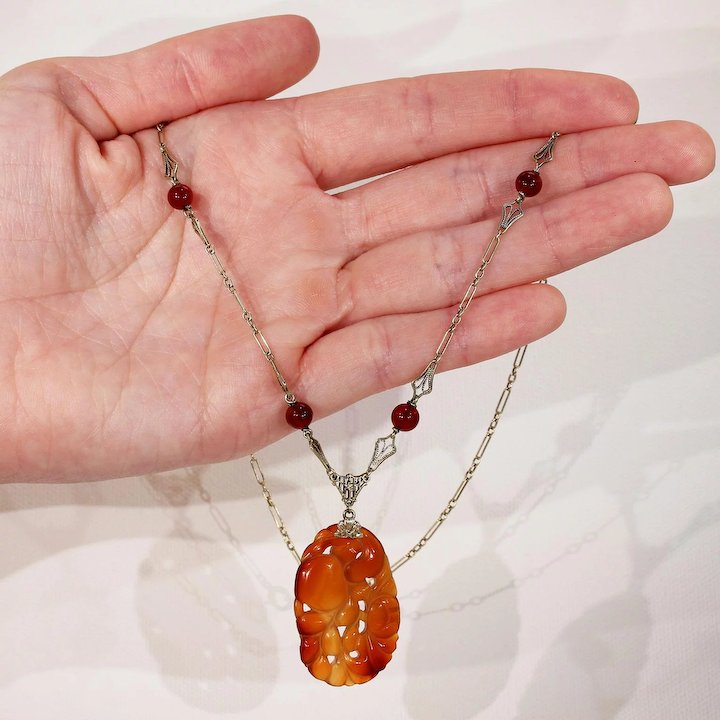 Vintage 20s Gold Carved Carnelian Necklace