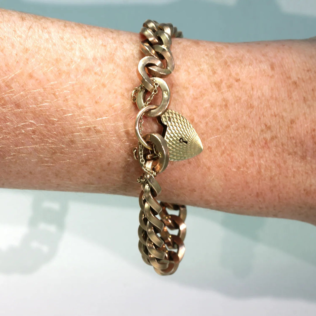 Vintage 9k Gold Curb Link Bracelet Heart Lock Hallmarked 1975