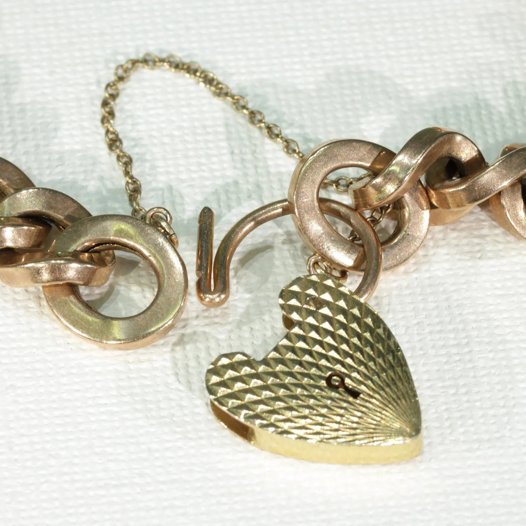 Vintage 9k Gold Curb Link Bracelet Heart Lock Hallmarked 1975
