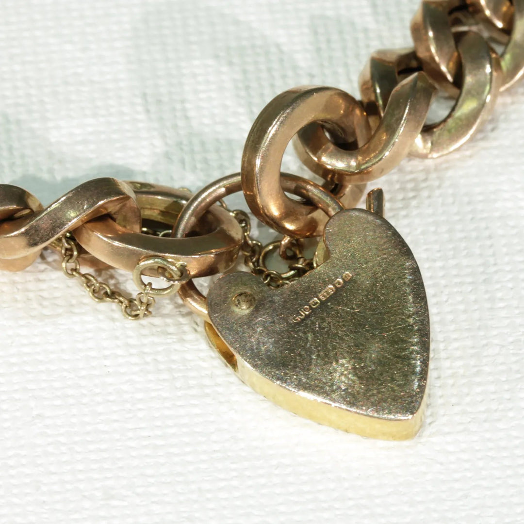 Vintage 9k Gold Curb Link Bracelet Heart Lock Hallmarked 1975