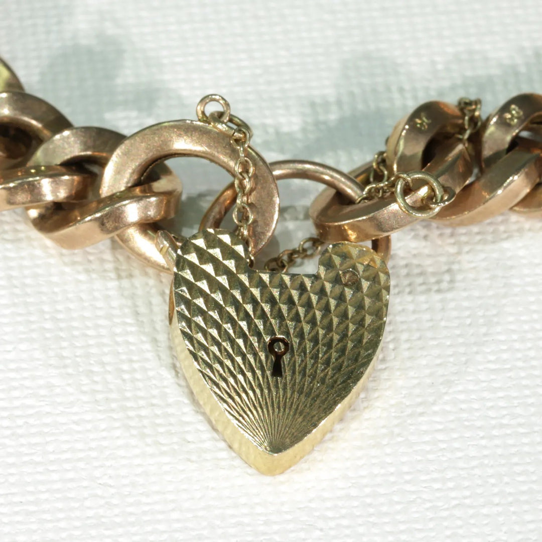 Vintage 9k Gold Curb Link Bracelet Heart Lock Hallmarked 1975